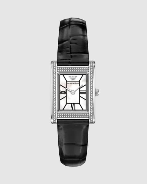 Emporio Armani Two-hand black leather watch in silver - view 1