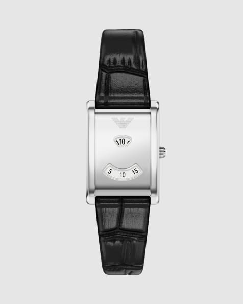 Emporio Armani Two-hand black leather watch in silver - view 1
