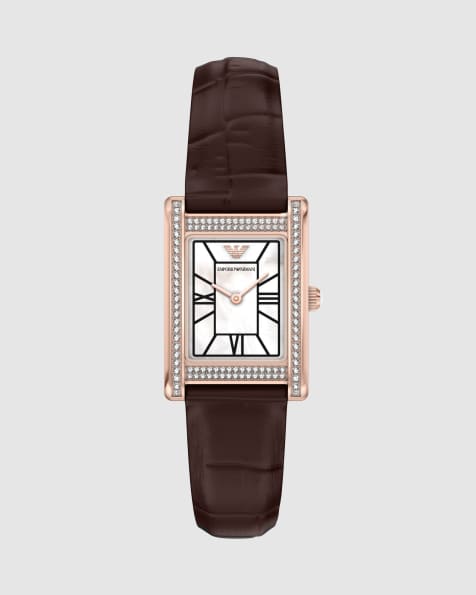 Emporio Armani Two-hand brown leather watch in rose gold - view 1