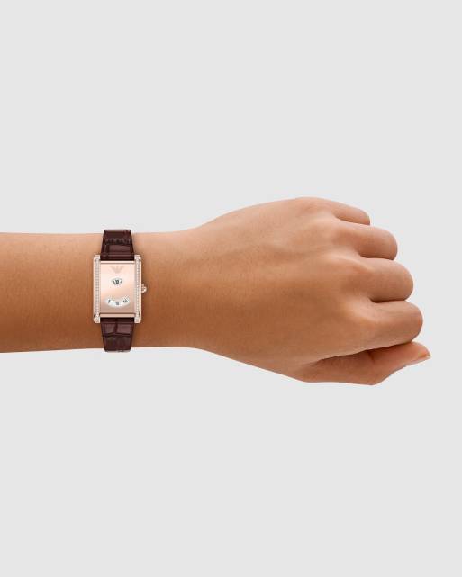 Emporio Armani Two-hand brown leather watch in rose gold, 3 of 4
