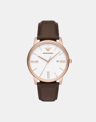 Emporio Armani – Uhr mit drei Zeigern, Lederarmband in Schwarz und Datumsanzeige