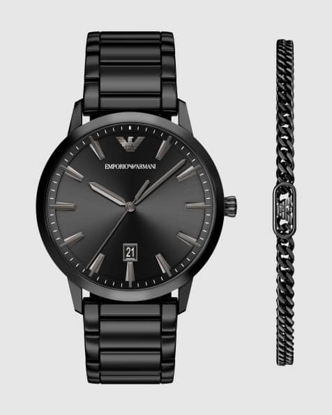Emporio Armani Uhrenset mit schwarzem Edelstahlarmband und Armband, Dreizeiger-Datum in Schwarz - view 1
