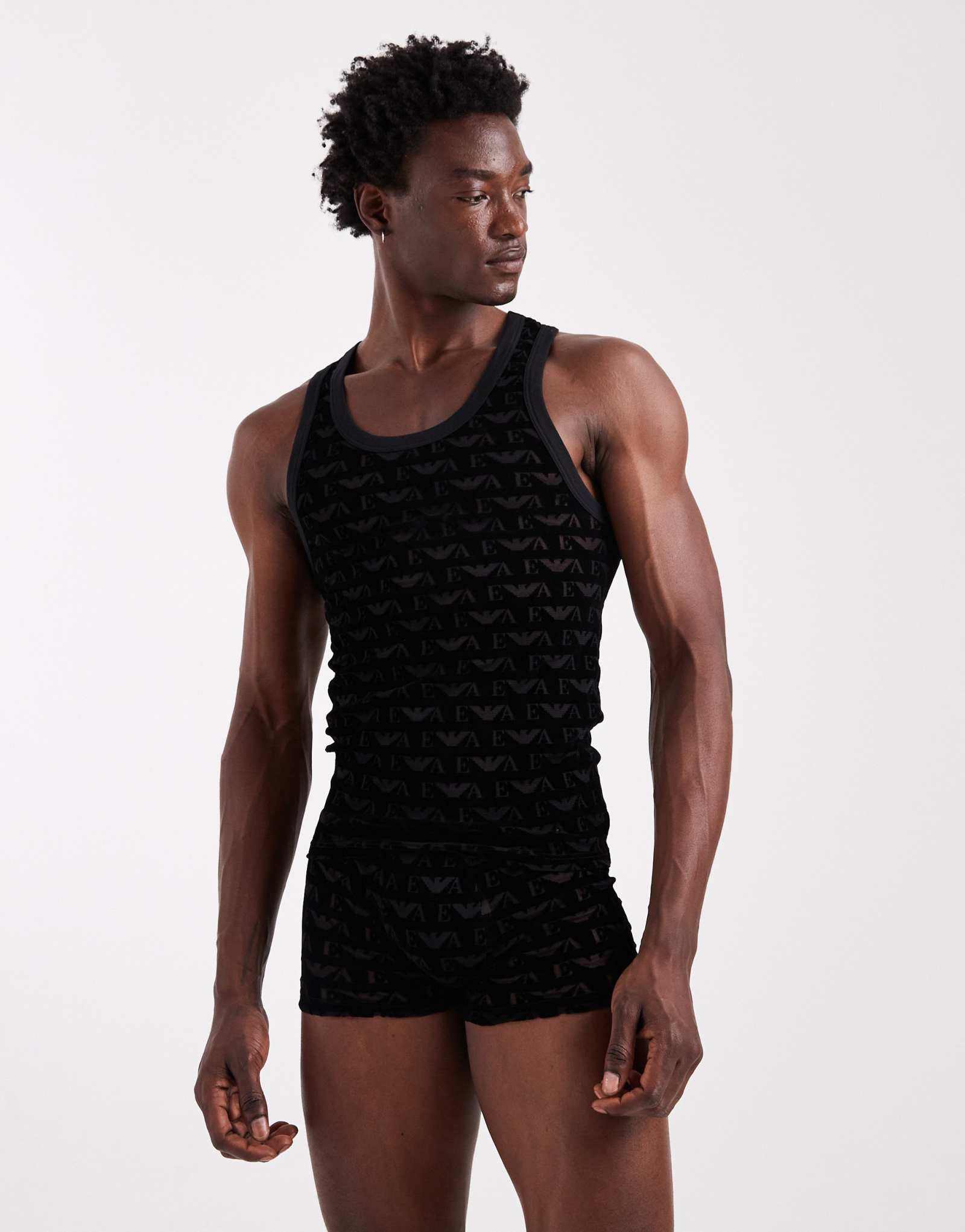 Майка с логотипом Emporio Armani из бархатной сетки черного цвета