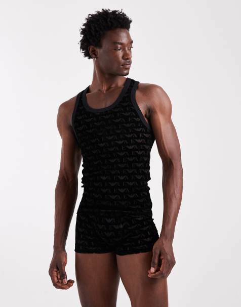 Emporio Armani velvet mesh logo tank in black