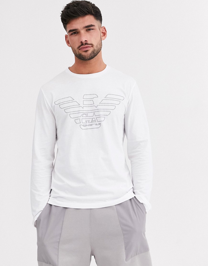 Emporio Armani – Vit mysig t-shirt med lång ärm, stor örnlogga och smal passform
