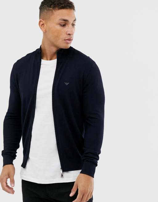 Emporio Armani zip thru logo sweater in navy ASOS