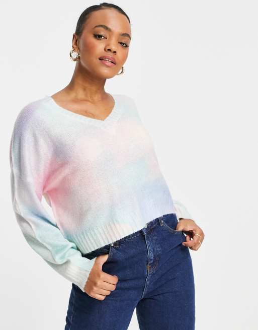 En Creme cropped knitted sweater in rainbow tie dye