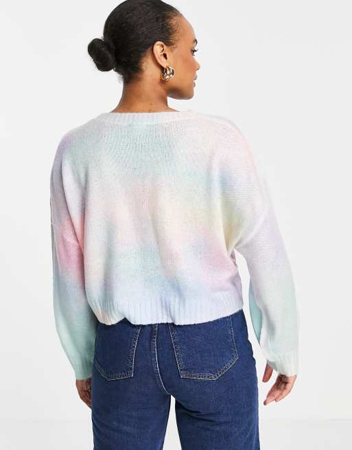 En Creme cropped knitted sweater in rainbow tie dye