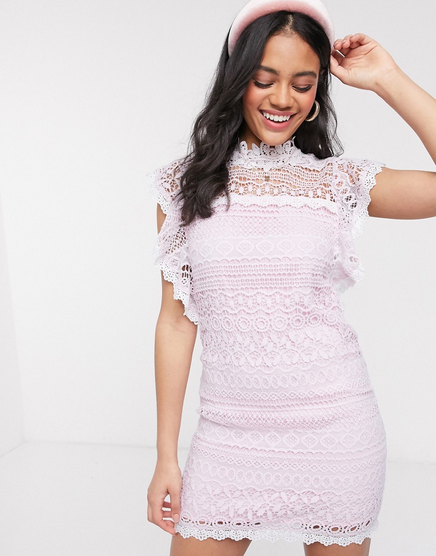En Creme frill sleeve lace mini dress in pink
