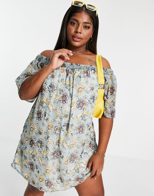 En Crème – Luźna sukienka z odkrytymi ramionami w żółty kwiatowy wzór | ASOS