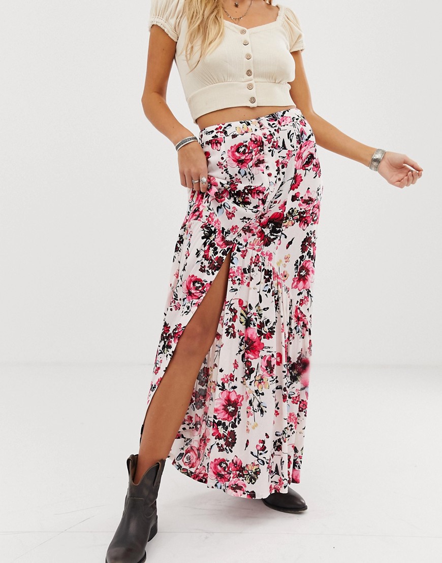 En Creme maxi skirt with button front detail in floral-Pink