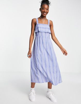 En Crème midi smock layered dress with tie back in blue spot