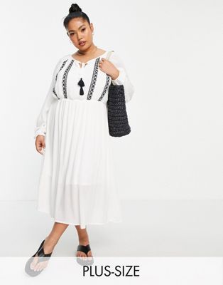En Crème Plus long sleeve maxi smock dress with embroidery detail - ASOS Price Checker