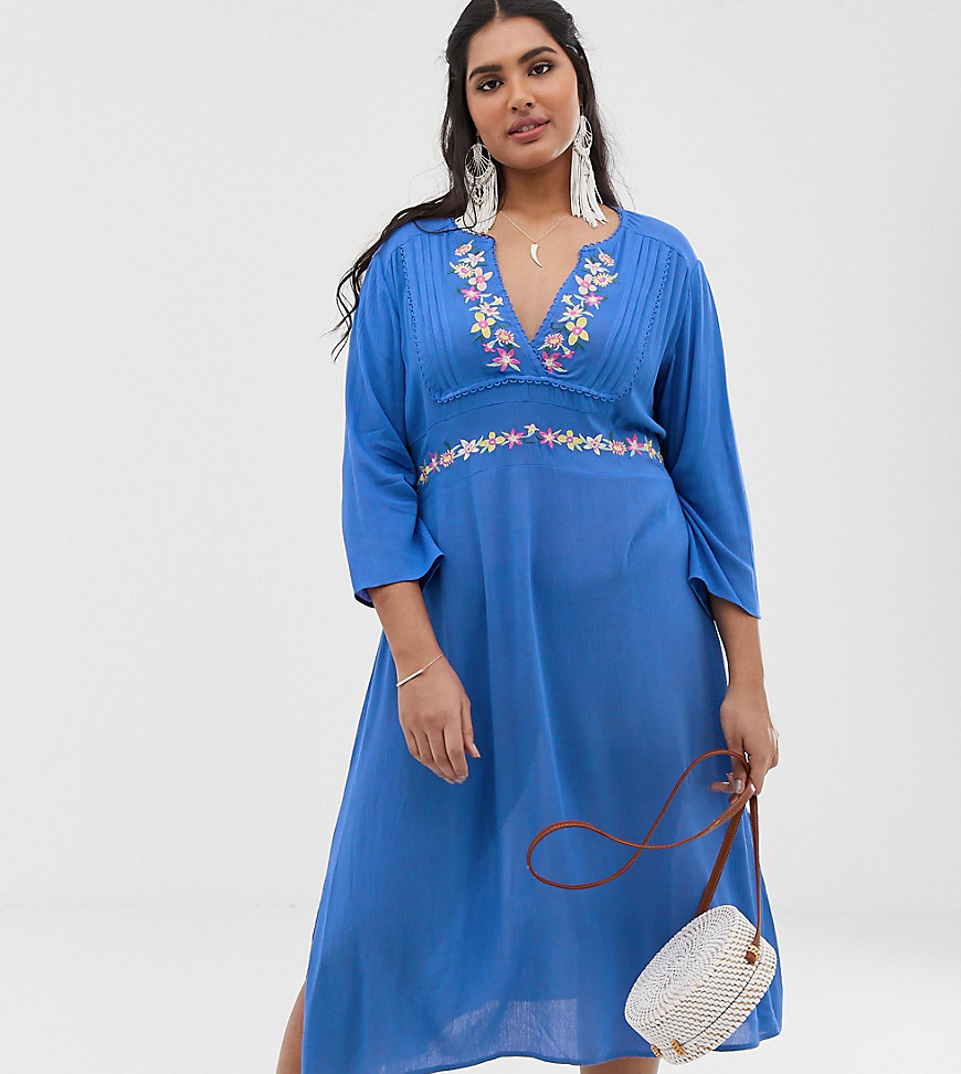 En Creme Plus midi dress with plunge front and embroidered detail-Blue