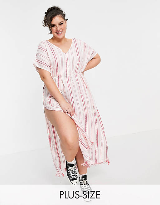 Dresses En Crème Plus midi smock dress with tie waist in pink stripe 