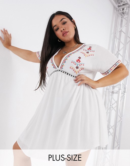 En Creme plus smock dress with ladder inserts and embroidered kimono sleeves