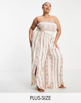 En Crème Plus strapless wide leg jumpsuit in pink stripe