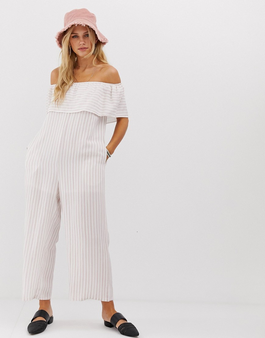 En Creme relaxed bardot jumpsuit with wide leg in pinstripe-Pink