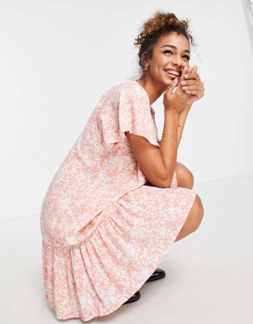 En Crème smock dress with pleated hem in pink floral