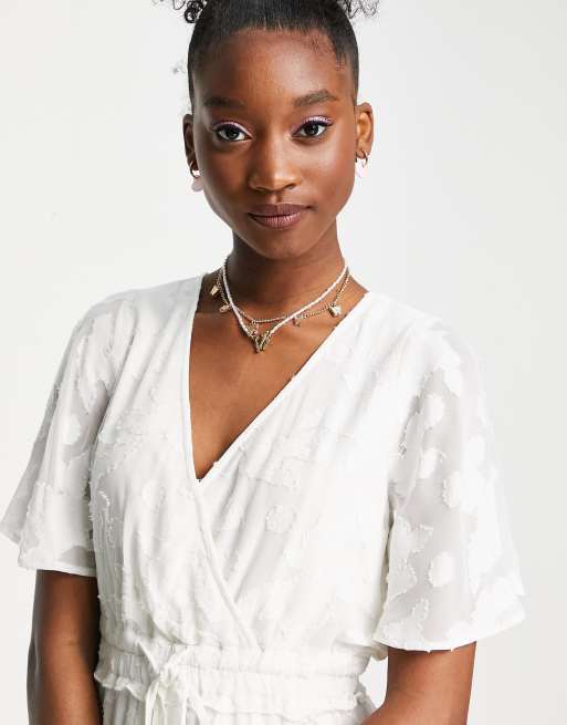 En Crème v neck mini dress in white lace with tie waist, 2 of 4