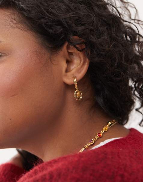 En Route 18k gold plated Devon tiger's eye stone charm hoop earrings - view 1