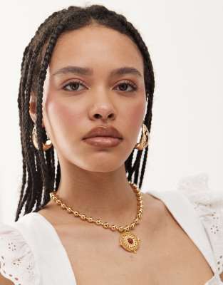 En Route En Route 18k gold plated solar pulse beaded chain necklace with coin pendant and red carmelian stone