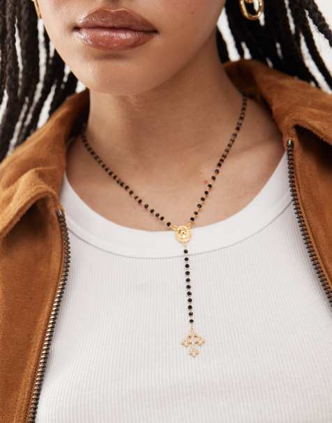 En Route - Collier style lasso en plaqué or 18 carats à perles et pendentif croix - view 1
