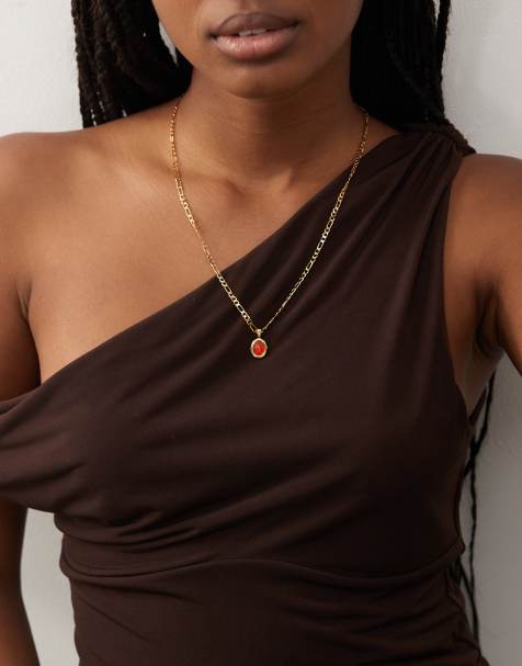 En Route devon 18k gold plated figaro chain necklace with carmelian red pendant - view 1
