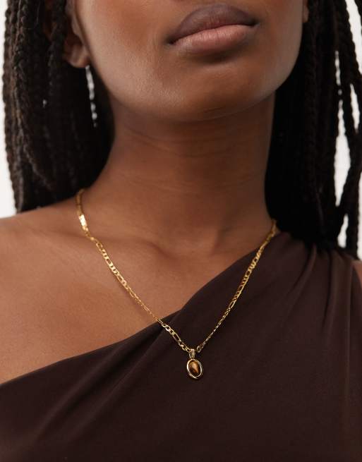 En Route - Devon - Collana con catenina figaro placcata oro 18 k con ciondolo a occhio di tigre 