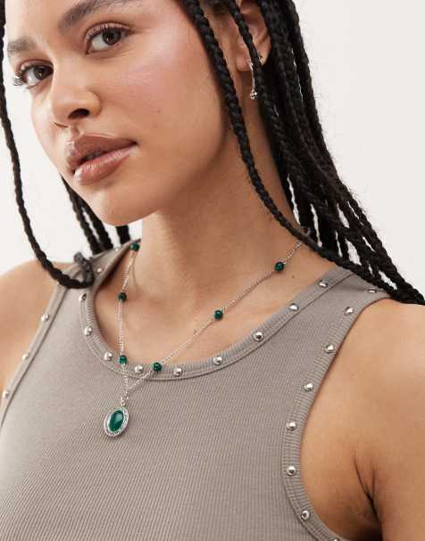 En Route - Linh - Collier en argent massif à perles et pendentif à pierre couleur émeraude - view 1