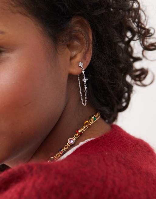 En Route - Orecchini in argento sterling con catenina e quadrifoglio in zirconia cubica 