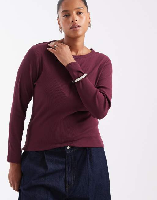 Endast Curve långärmad topp i burgundy, 2 av 4
