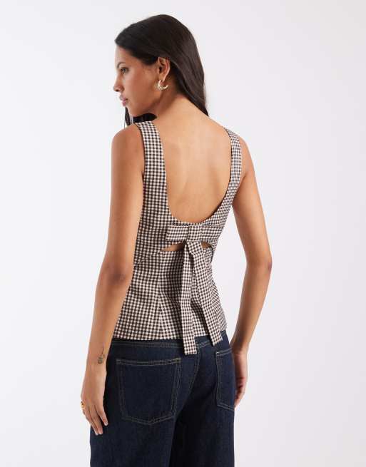 Endast topp med rosettdetaljer och struktur i brun gingham, 2 av 4