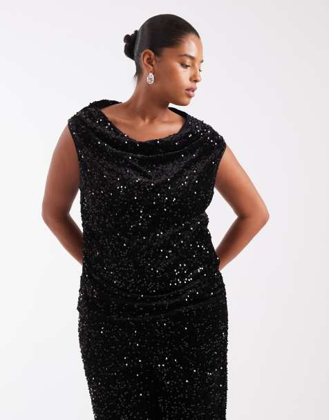 Ensemble Curve top asymétrique à encolure asymétrique froncée à sequins noirs - view 1