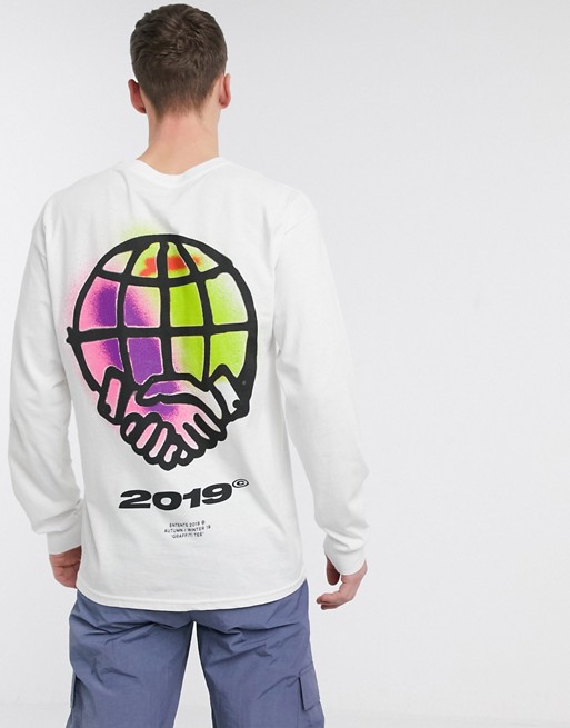 Entente long sleeve top in white with graffiti flames