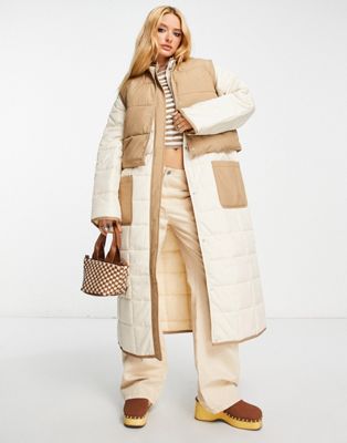 Envii 2-in-1 grid padded coat with detachable gilet in beige and brown