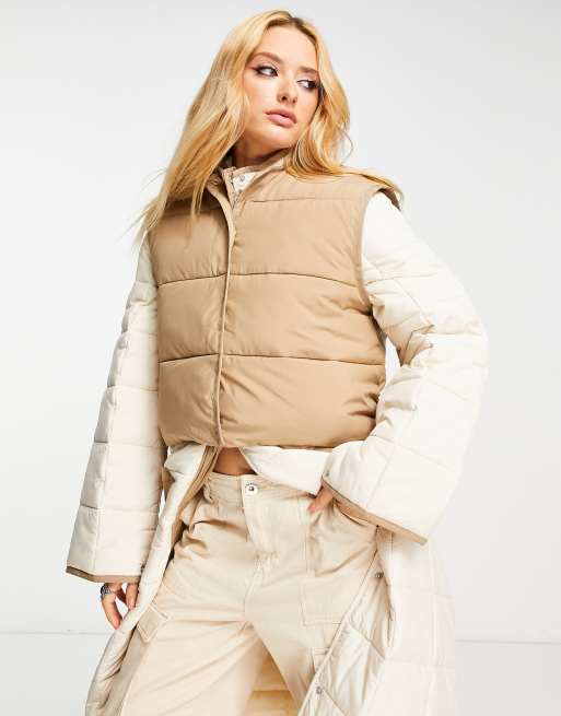 2-in-1 Cable Knit Puffer Jacket/Gilet - Beige