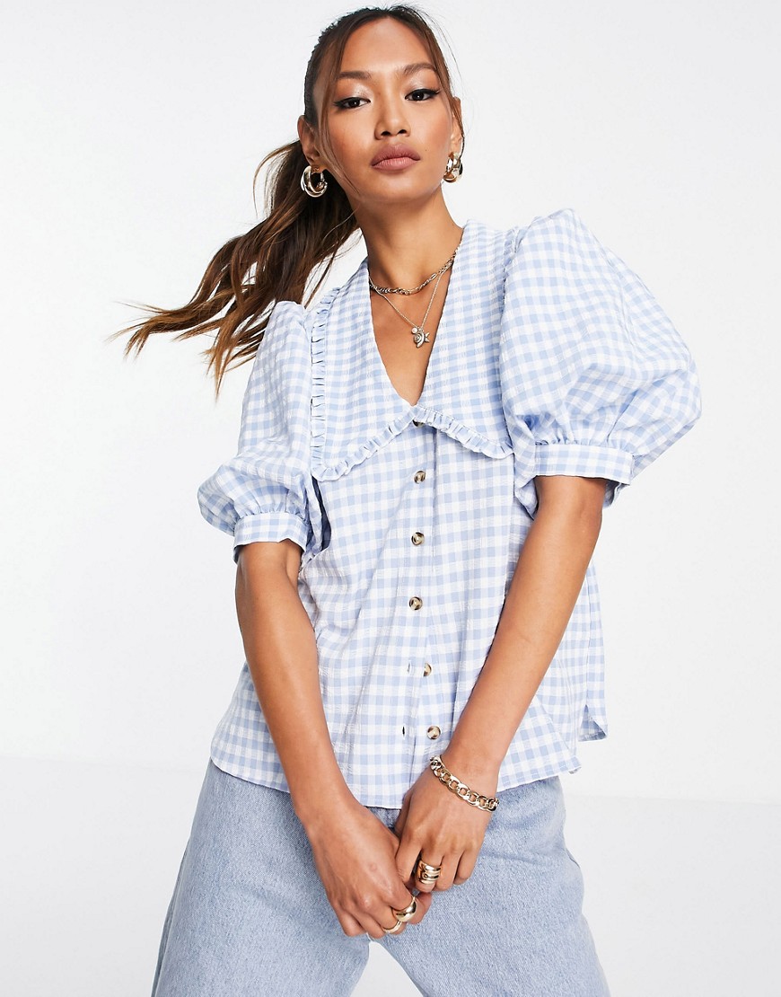 Envii April puff sleeve coordinating shirt in blue check-Blues