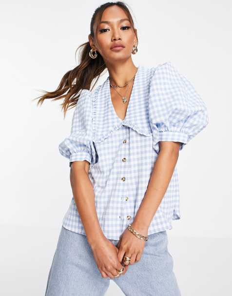 Envii April puff sleeve shirt co-ord in blue check - view 1