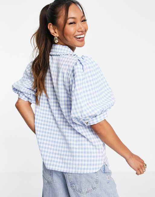 Envii April puff sleeve shirt co-ord in blue check, 2 of 4