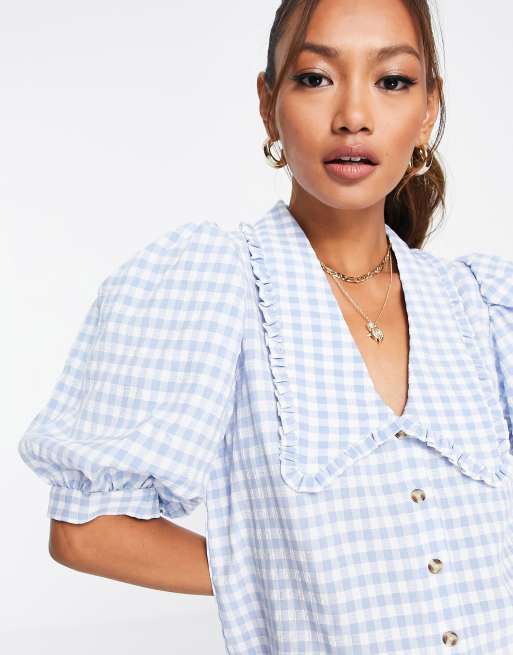 Envii April puff sleeve shirt co-ord in blue check, 3 of 4