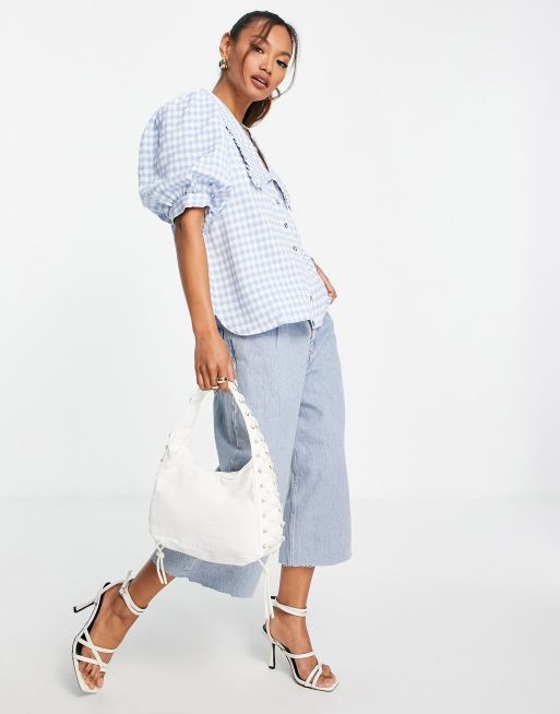 Envii April puff sleeve shirt co-ord in blue check, 4 of 4