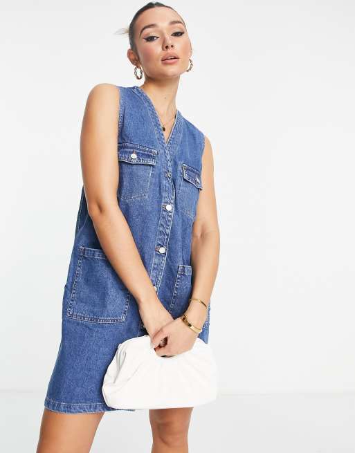 Envii – Ärmelloses Etuikleid aus Denim mit Taschen 