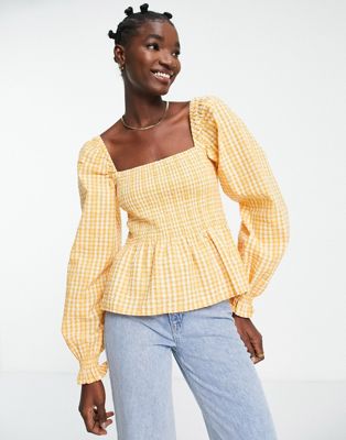 Envii shirred square neck blouse co-ord in apricot check - ASOS Price Checker