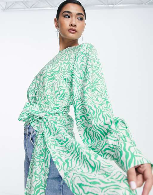 Envii - Blouse nouée à la taille à manches ballon - Vert zèbre