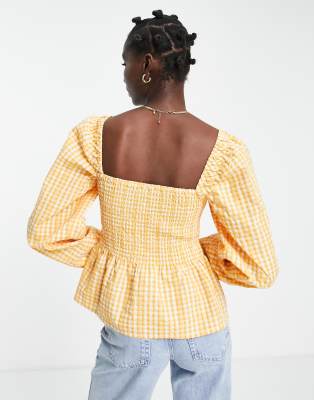 Blusa arricciata color albicocca a quadri con scollo squadrato in coordinato-Arancione - Envii Camicia donna  - immagine1