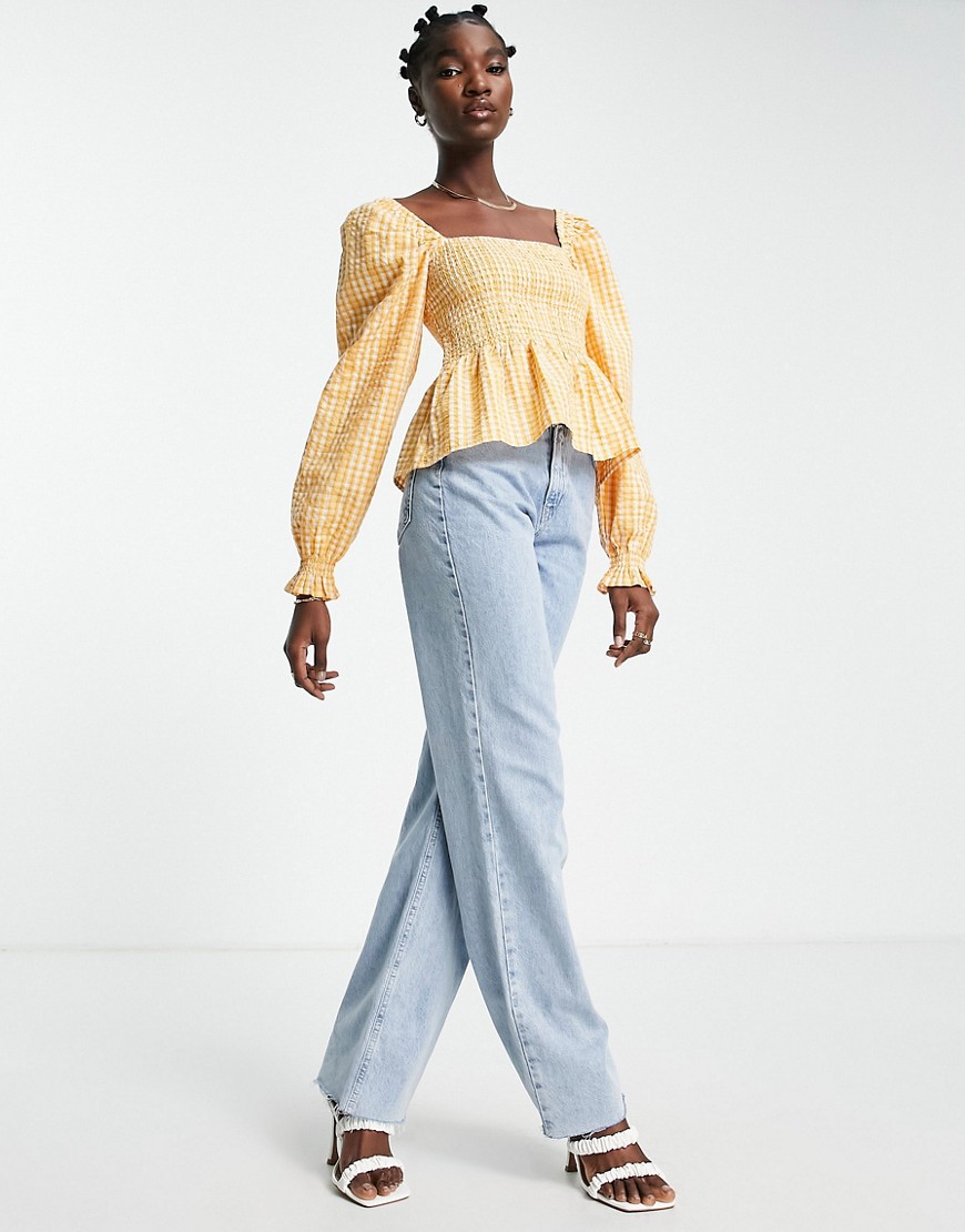 Blusa arricciata color albicocca a quadri con scollo squadrato in coordinato-Arancione - Envii Camicia donna  - immagine2
