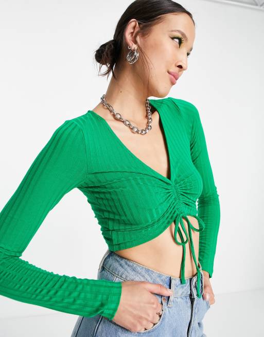 Envii - Crop top met lange mouwen en gerimpelde voorkant in felgroen