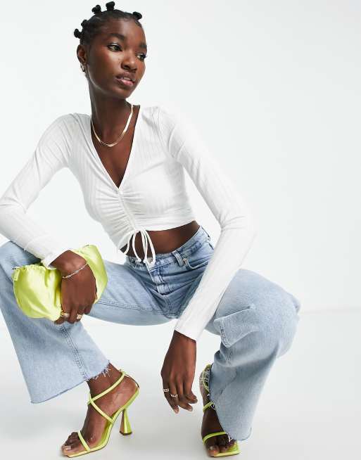 Envii - Crop top met lange mouwen en gerimpelde voorkant in wit