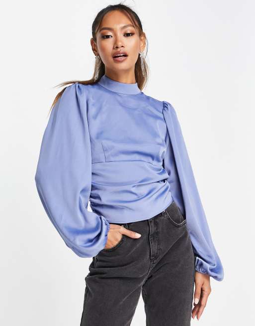 High Neck Long Sleeve Blouse 8 / SilkWhite Blue